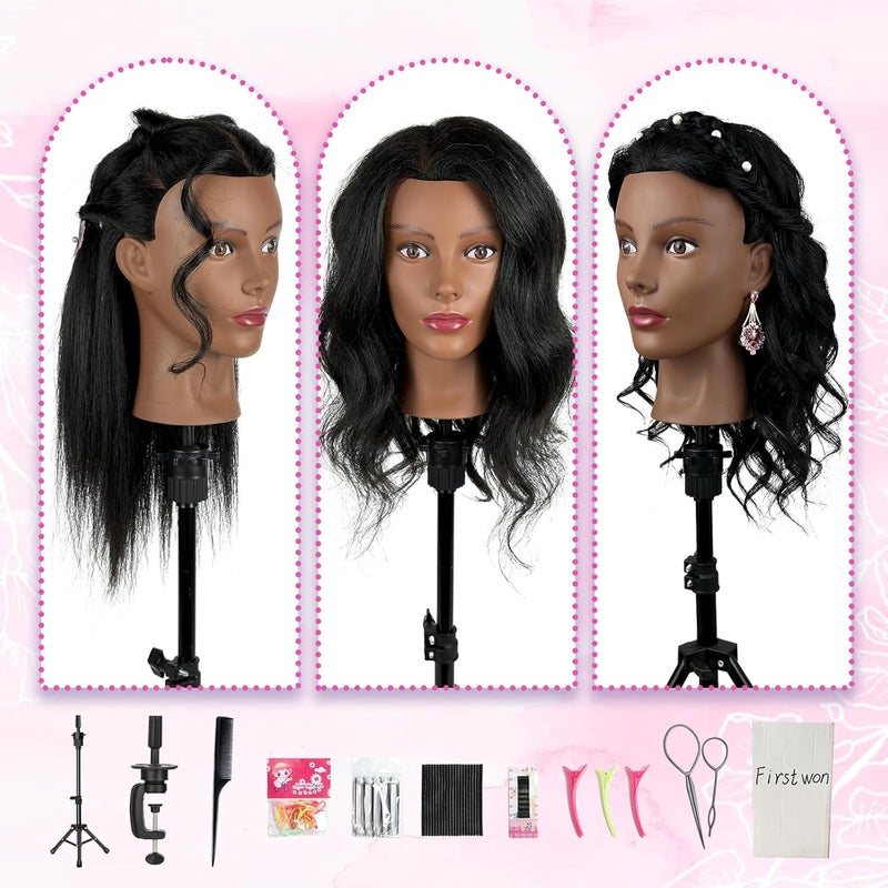 Firstwon 18'' Mannequin Head Human Hair with 100% Real Hair Cosmetology Manikin Doll Head for Hair Styling Mannequin Head for Braiding with Table Clamp Stand and Tools(18Inch-Tripod) - Image 5